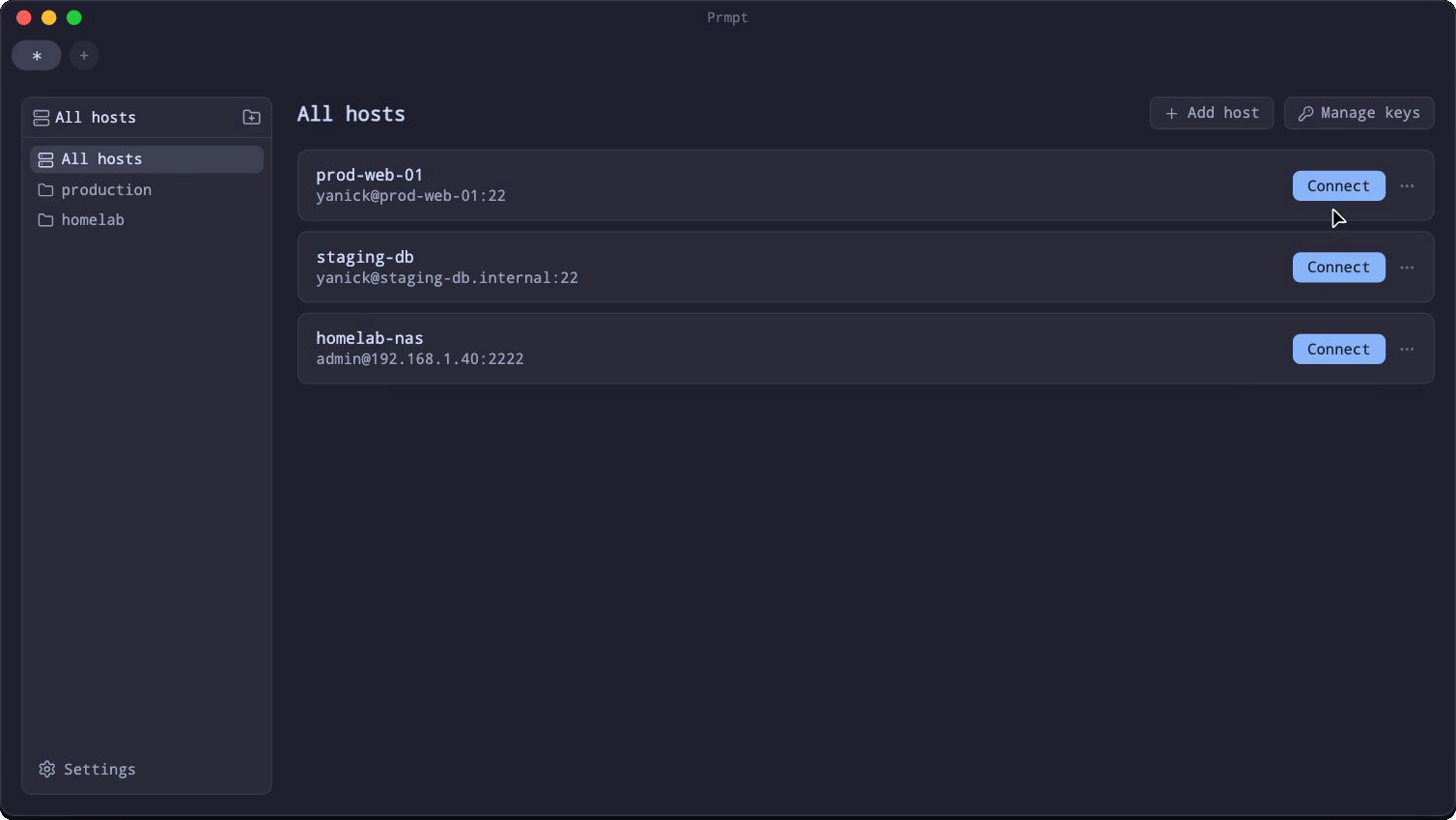 Prmpt SSH host manager listing saved hosts with Connect buttons and key management
